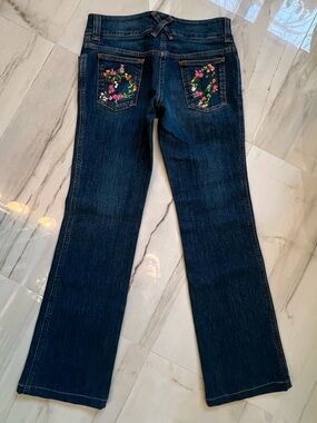 Dolce & Gabbana Dark Blue Flare Jeans with Floral Embroidered Back Pockets